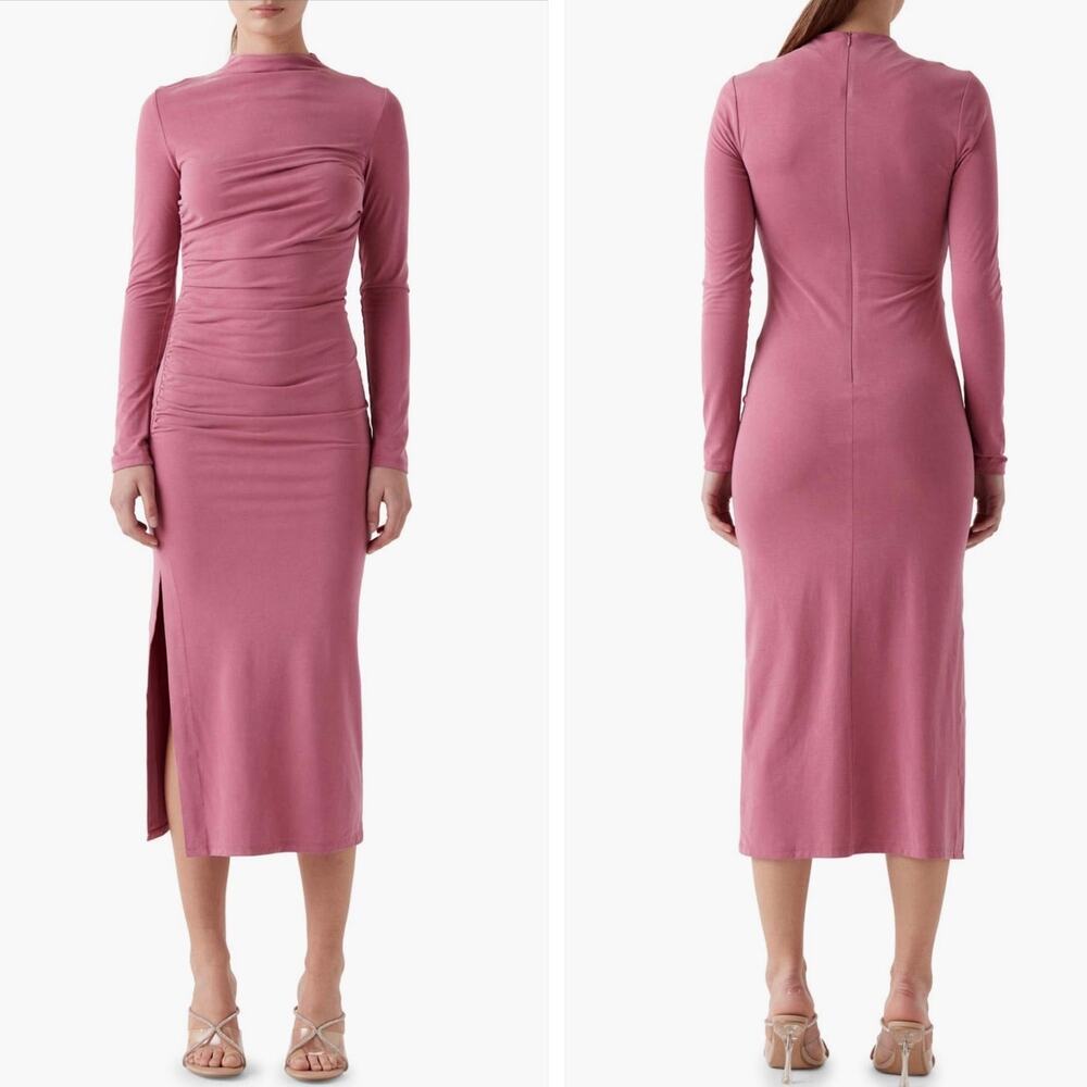 NWT Sophie Rue Talia Ruched Long Sleeve Funnel Neck Midi Dress Mauve Size Small